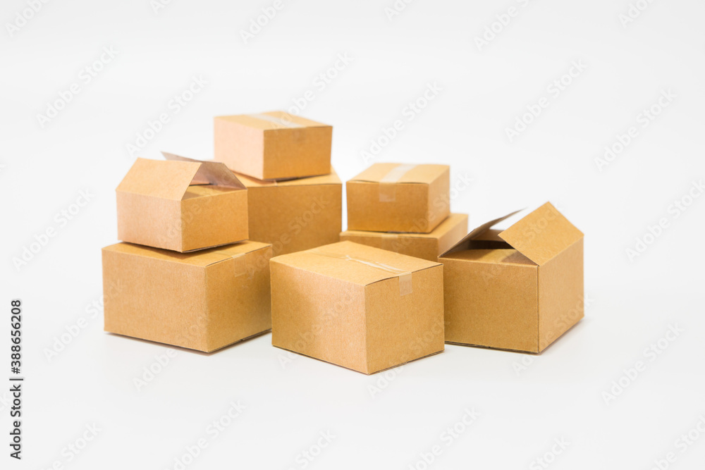 Many parcel boxes on white background  for online shopping concept