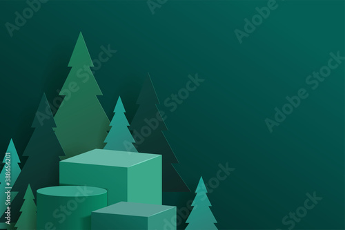 Abstract minimal mock up scene. geometry podium shape for show cosmetic product display. stage pedestal or platform. winter christmas green background with tree xmas. 3D vector