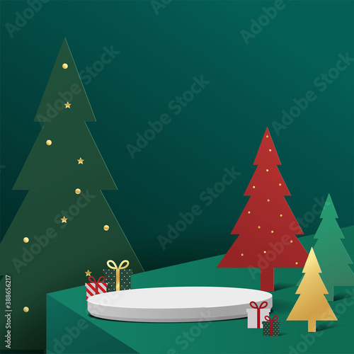Abstract minimal mock up scene. geometry podium shape for show cosmetic product display. stage pedestal or platform. winter christmas green background with tree xmas. 3D vector