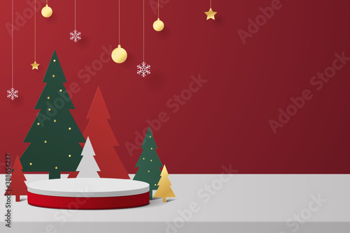 Abstract minimal mock up scene. geometry podium shape for show cosmetic product display. stage pedestal or platform. winter christmas red background with tree xmas. 3D vector