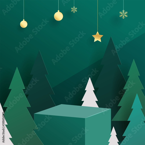 Abstract minimal mock up scene. geometry podium shape for show cosmetic product display. stage pedestal or platform. winter christmas green background with tree xmas. 3D vector