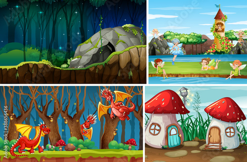 Four different scene of fantasy world with fantasy places and fantasy characters such as dragons and fairies