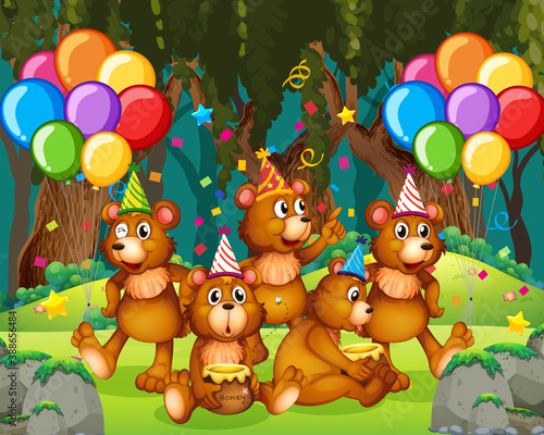 Bear group in party theme cartoon character on forest background