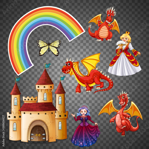 Set of folk fantasy elements isolated on transparent background