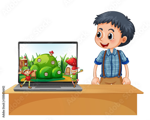 Boy next to laptop with elf on screen