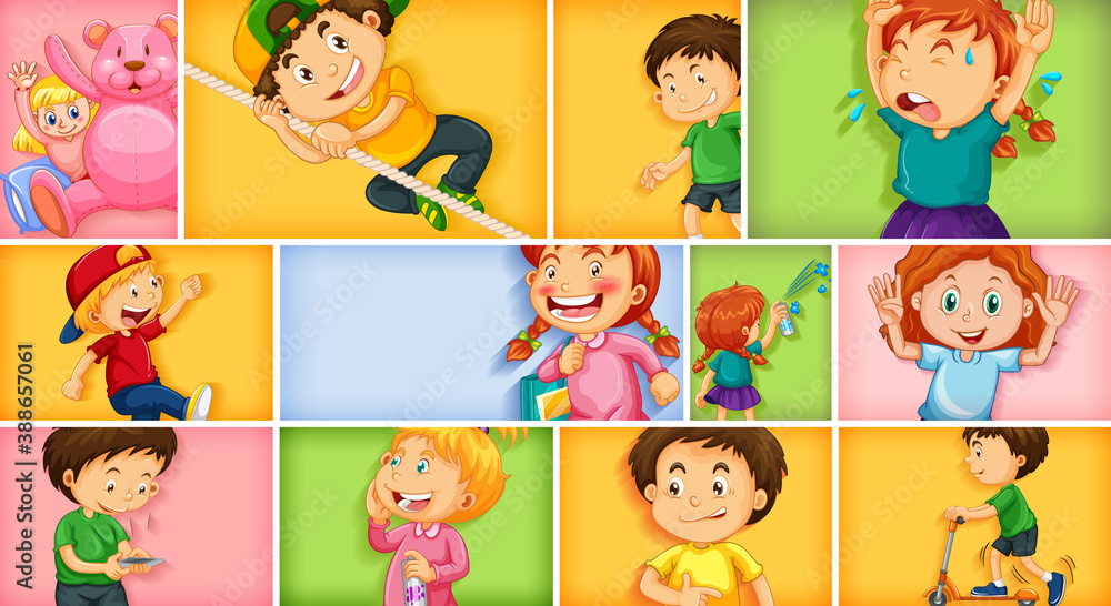 Fototapeta premium Set of different kid characters on different color background