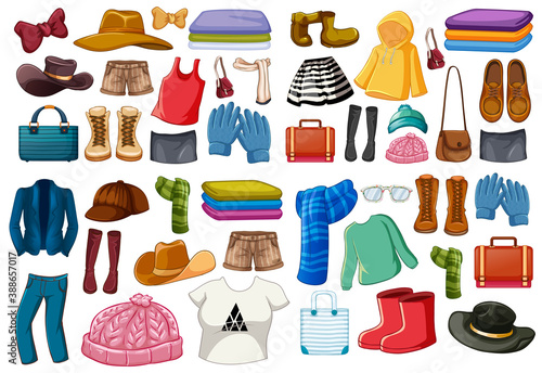 Set of fashion outfits and accessories on white background