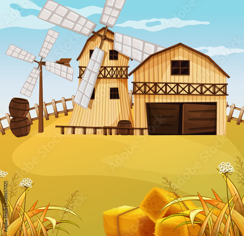 Farm scene in nature with barn and windmill