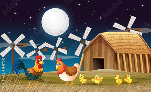 Farm scene with barn and windmill and chicken at night