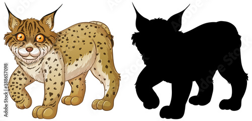 Set of lynx characters and its silhouette on white background