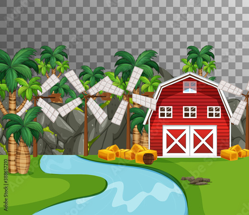 Farm with red barn and river side on transparent background