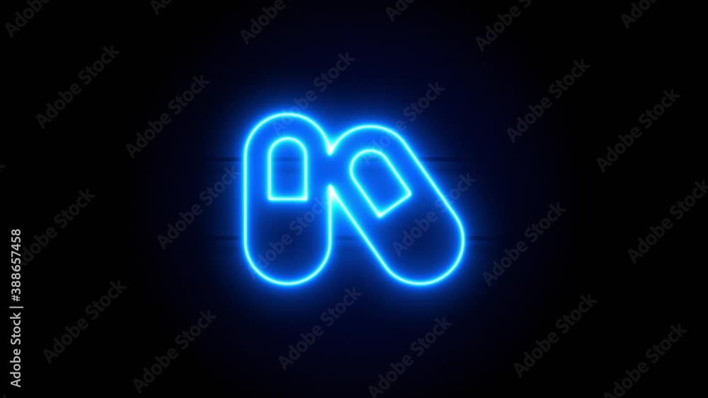 Capsules neon sign appear in center and disappear after some time. Animated blue neon symbol on black background. Looped animation. Capsules neon sign appear in center and disappear after some time. Animated blue neon symbol on black background. Looped animation.