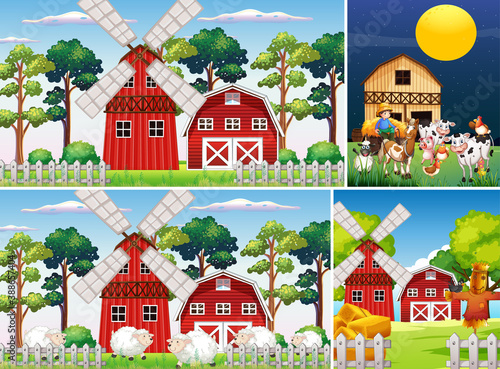 Set of different farm scenes with animal farm cartoon style