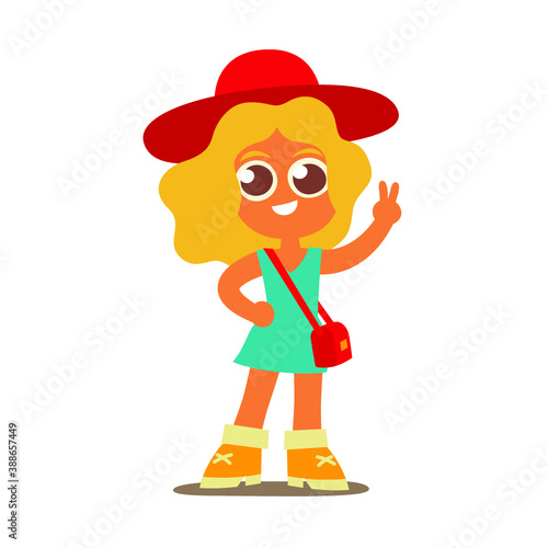 girl with hat and bag, fashion-monger, cartoon flat style isolated vector illustration. Design for stickers, logo, web and mobile app.