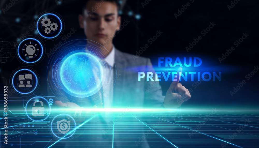 Business, technology, internet and network concept. Young businessman thinks over the steps for successful growth: Fraud prevention Business, technology, internet and network concept. Young businessman thinks over the steps for successful growth: Fraud prevention