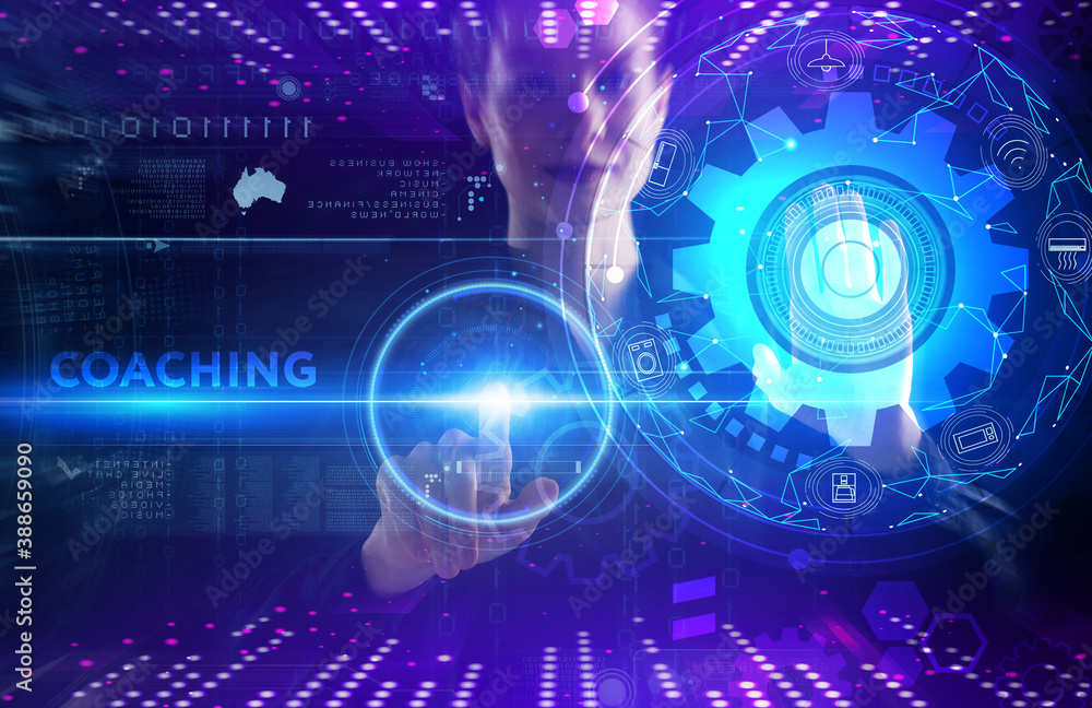 Business, technology, internet and network concept. Young businessman thinks over the steps for successful growth: Coaching Business, technology, internet and network concept. Young businessman thinks over the steps for successful growth: Coaching