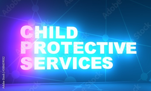 CPS - Child protective services acronym. Social concept background. 3D rendering. Neon bulb illumination