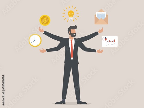 Effective management, multitasking businessman concept. 