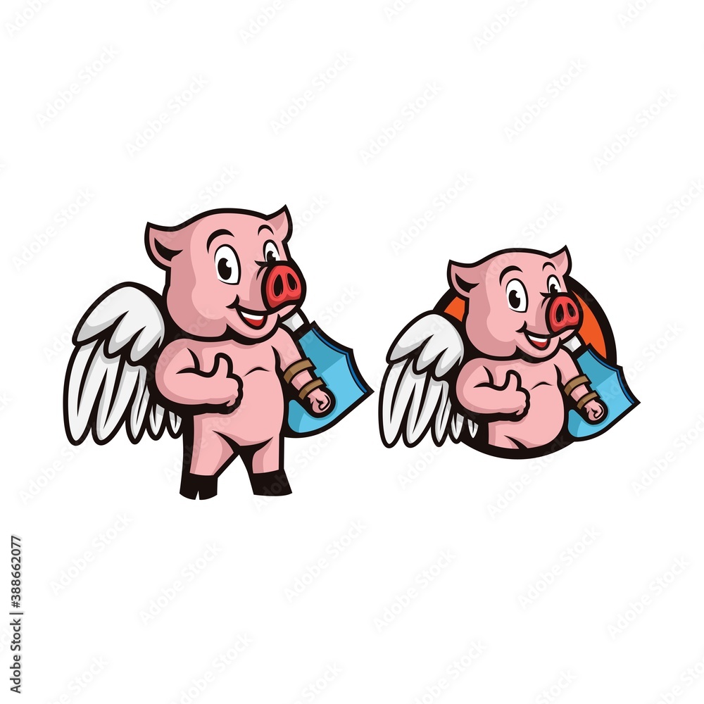 superhero pig with wings and shield on the hand making thumbs up mascot character logo. vector illustration. superhero pig with wings and shield on the hand making thumbs up mascot character logo. vector illustration.