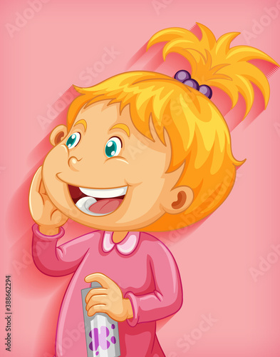 Cute little girl smile cartoon character isolated on pink background
