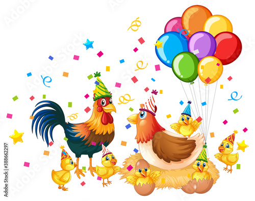 Chicken family in party theme isolated on white background