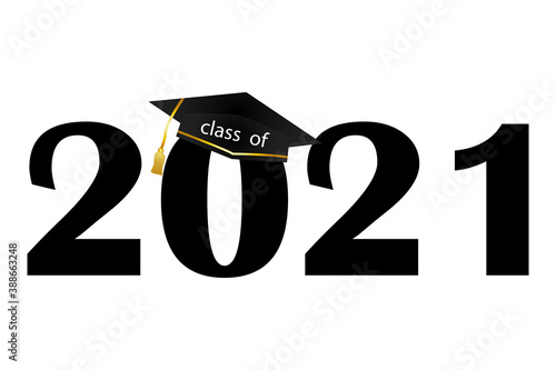 Vector icon class off 2021. Graduation card with graduate cap. Template for graduation. Stock image. EPS 10.