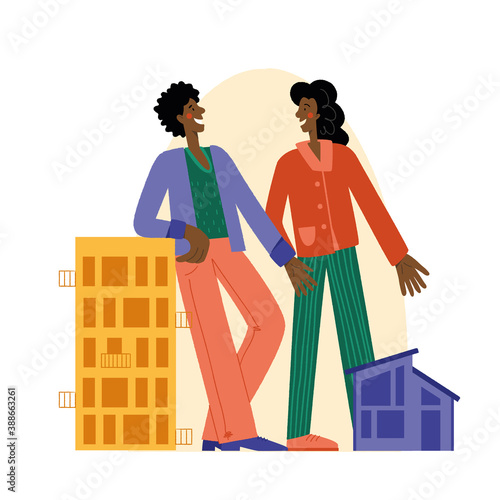 Black woman and man, choosing between house and apartment. The family buys a house with a mortgage. A young couple chooses a home. House Loan, Rent and Mortgage Concept.