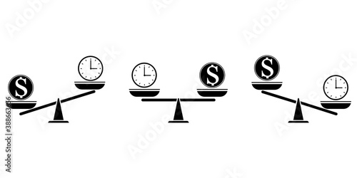 Vector illustration. Life and money harmony symbol. Different scales with a dollar and a clock. Stock image. EPS 10.