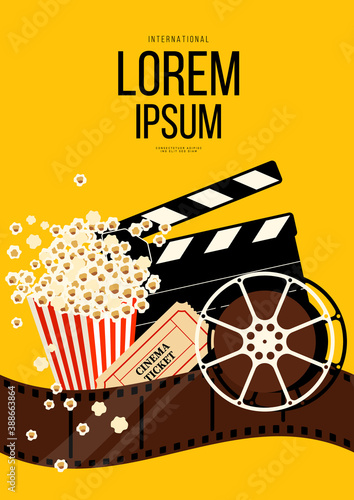 Movie and film poster design template background with popcorn, filmstrip, clapperboard, ticket