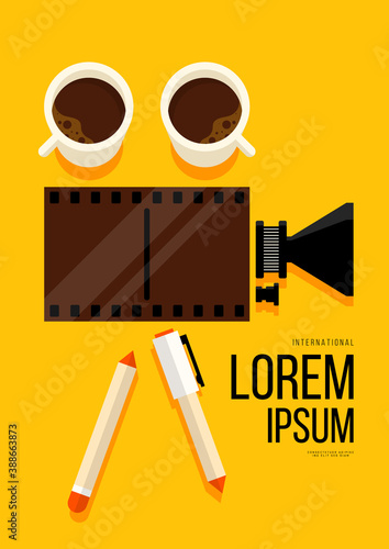 Movie and film poster design template background with filmstrip, coffee cup, stationery