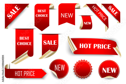 Vector tags of sales, discounts. Red price stickers. Badges for product promotion. Stock image. EPS 10