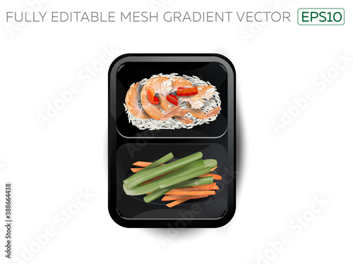 Shrimps with rice and vegetables in a lunchbox.