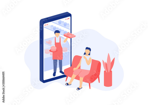 Social distancing stay at home, Miniature tiny people order bakery online Smartphone application food delivery concept Poster or social banner design illustration on white background copy space vector