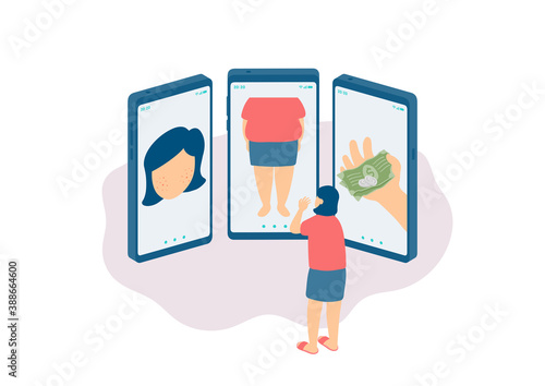 Social distancing stay at home, Miniature tiny people depression cyberbullying online, Smartphone social media concept Poster or social banner illustration on white background, copy space, vector