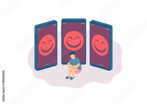 Social distancing stay at home, Miniature tiny people depression cyberbullying online, Smartphone social media concept Poster or social banner illustration on white background, copy space, vector