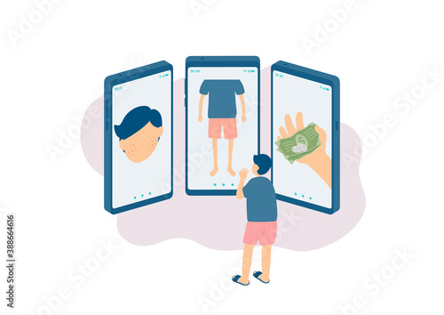 Social distancing stay at home, Miniature tiny people depression cyberbullying online, Smartphone social media concept Poster or social banner illustration on white background, copy space, vector