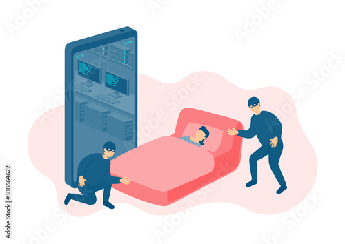 Miniature tiny people sleep victim of cybercrime online hacker, Smartphone malware application concept design Poster or social banner illustration on white background with copy space, vector