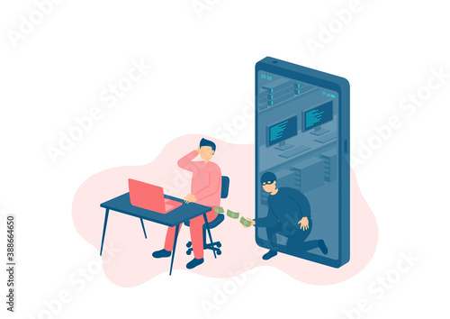 Miniature man tiny people with laptop victim of cybercrime online hacker, Smartphone malware application concept design Poster or social banner illustration on white background with copy space, vector