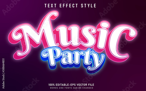 Music party text effect style, 3d font tiphography neon, nighlife letter light alphabet. photo