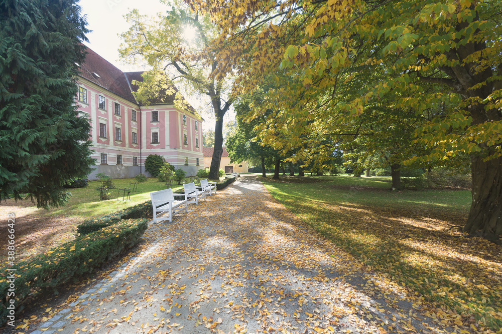 Obraz premium At the Courtyard of Trebon Castle. Renaissance palace in Trebon. Trebon is a historical town in South Bohemian Region. Czech Republic. Nice sunny day during summer or autumn season.