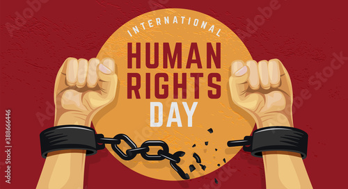 Human rights day poster illustration with raised hand breaking the chain