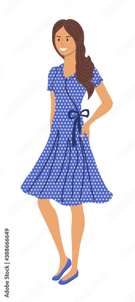 Woman standing. Young smiling woman character wearing summer style dress standing isolated on white background. Casual clothing or everyday look vector illustration Woman standing. Young smiling woman character wearing summer style dress standing isolated on white background. Casual clothing or everyday look vector illustration