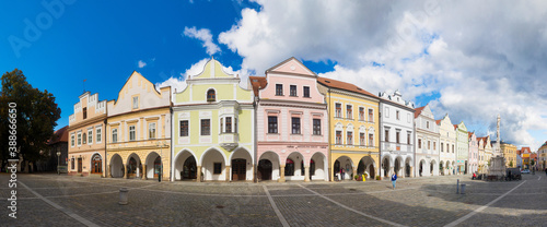 Downtown in Trebon. This is a historical town in South Bohemian Region. Czech Republic. Trebon city is famous tourist destination with many landmarks and lakes around.