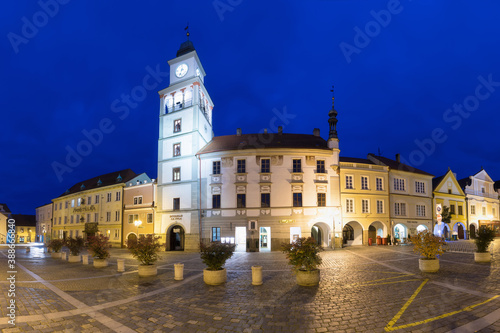 Downtown in Trebon. This is a historical town in South Bohemian Region. Czech Republic. Trebon city is famous tourist destination with many landmarks and lakes around.