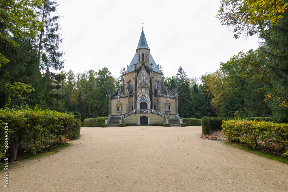 Schwarzenberg tomb from 18th century. Tomb is famous tourist attraction near Trebon, South Bohemia. Historical landmark in Czech republic, European union. gothic style