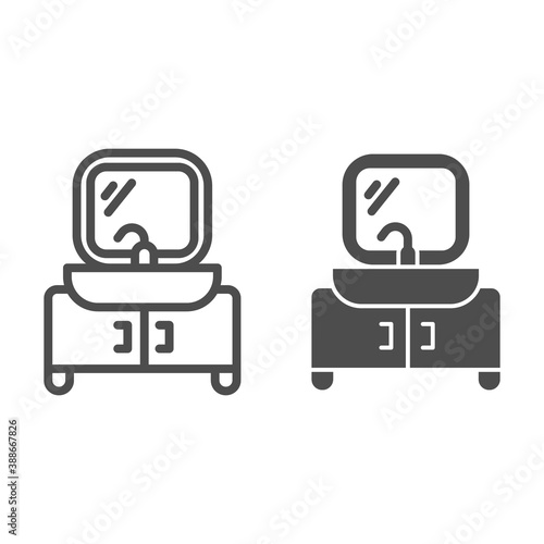 Mirror with washbasin and cabinet line and solid icon, Furniture concept, bathroom interior sign on white background, Sink with mirror icon in outline style for mobile and web design. Vector graphics.