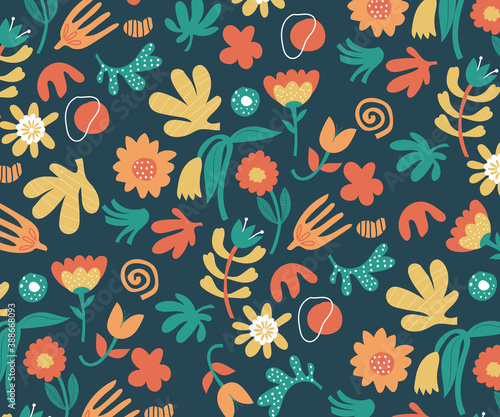 Abstract and doodle modern tropical paradise collage with various of flowers, exotic plants and geometrical shapes seamless pattern. Good floral vector illustration for fabric design, art prints...