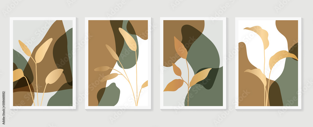 Luxury botanical golden Texture wall art vector set. Marble art design with abstract shape and gold pattern. Design for print, cover, wallpaper, Minimal and  natural wall art. Vector illustration..