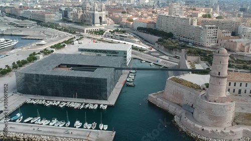 Aerial view of Marseille, France - Marseille Cathedral, Fort Saint-Jean and MUCEM museum on a beautiful summer day photo