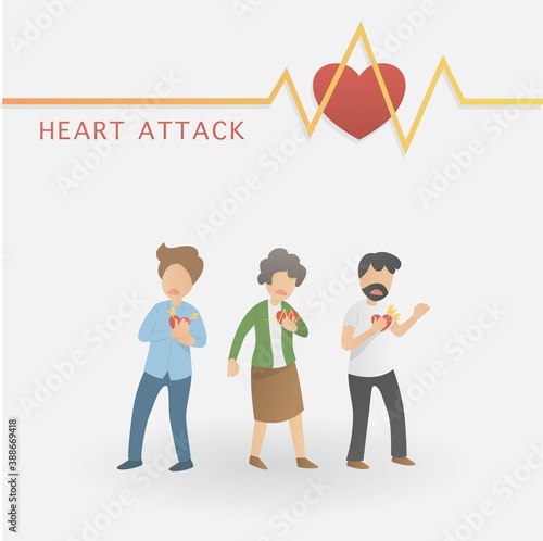 heart attack and suffer chest pain in cartoon character,grandmother, uncle and working people hold the chest with heart pain,Heartbeat pulse,Vector illustration.